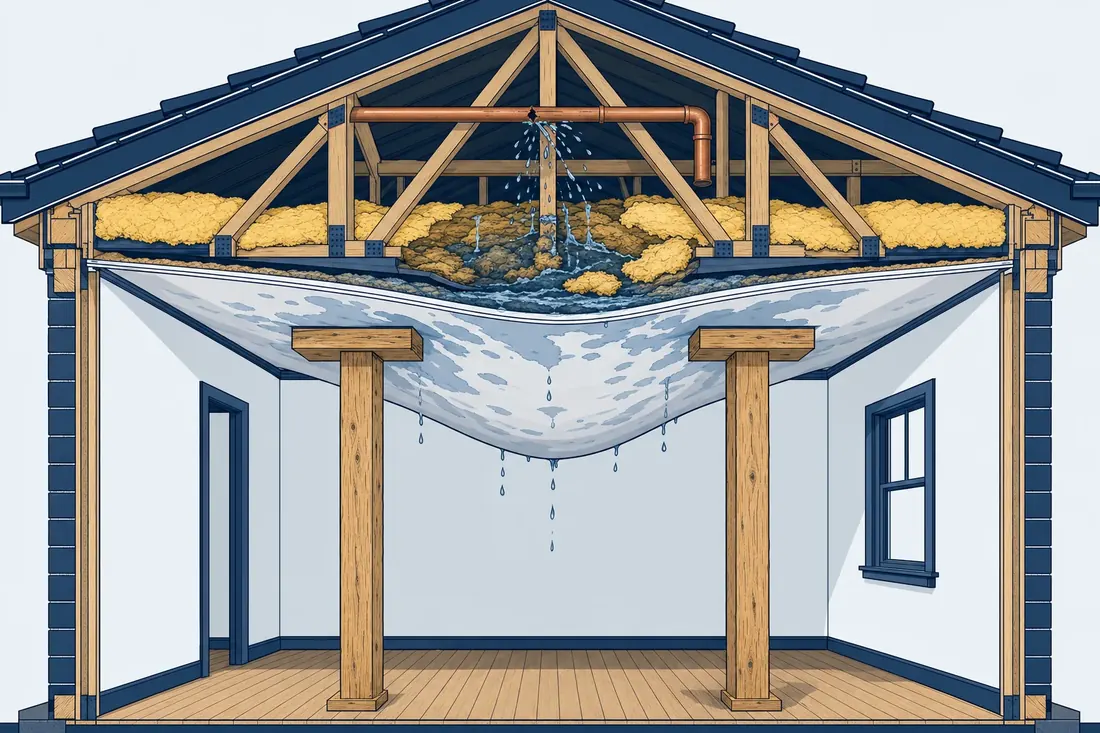 Cutaway drawing of a ceiling being propped after a burst pipe. Water runs from a split pipe in the roof space into the insulation, the plasterboard below sags under the weight, and two timber posts with head boards hold it up from the floor