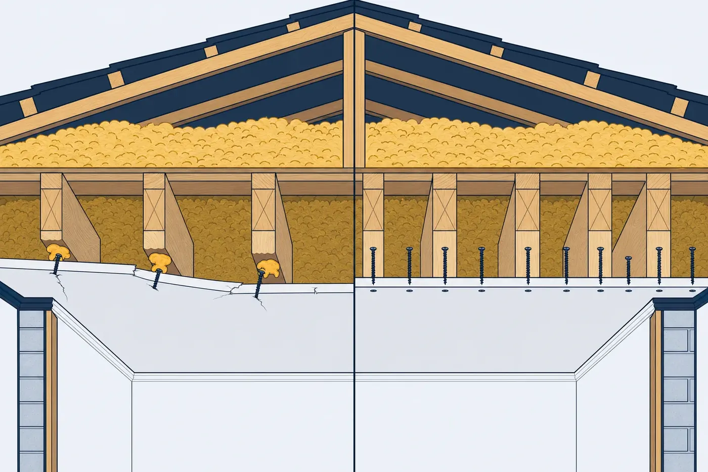 Cutaway drawing comparing two ceilings. On the left, adhesive daubs have let go and the plasterboard is pulling away from the joists on a handful of screws. On the right, the same ceiling re-screwed on a regular grid of fasteners into every joist
