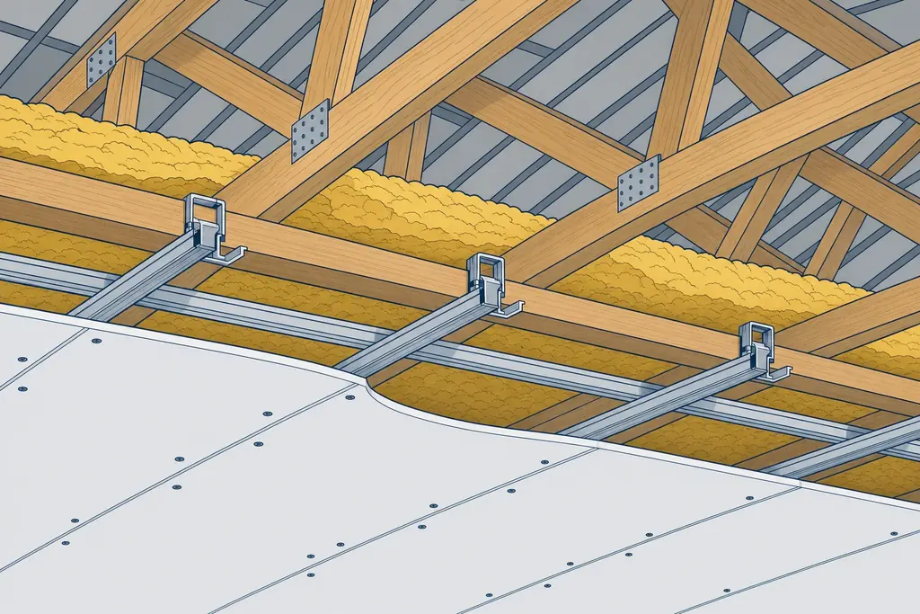 Cutaway drawing of a ceiling built on steel furring channel. Timber roof trusses run across the top, steel channel is clipped across underneath them, and the plasterboard sheets screw up into the steel rather than into the timber