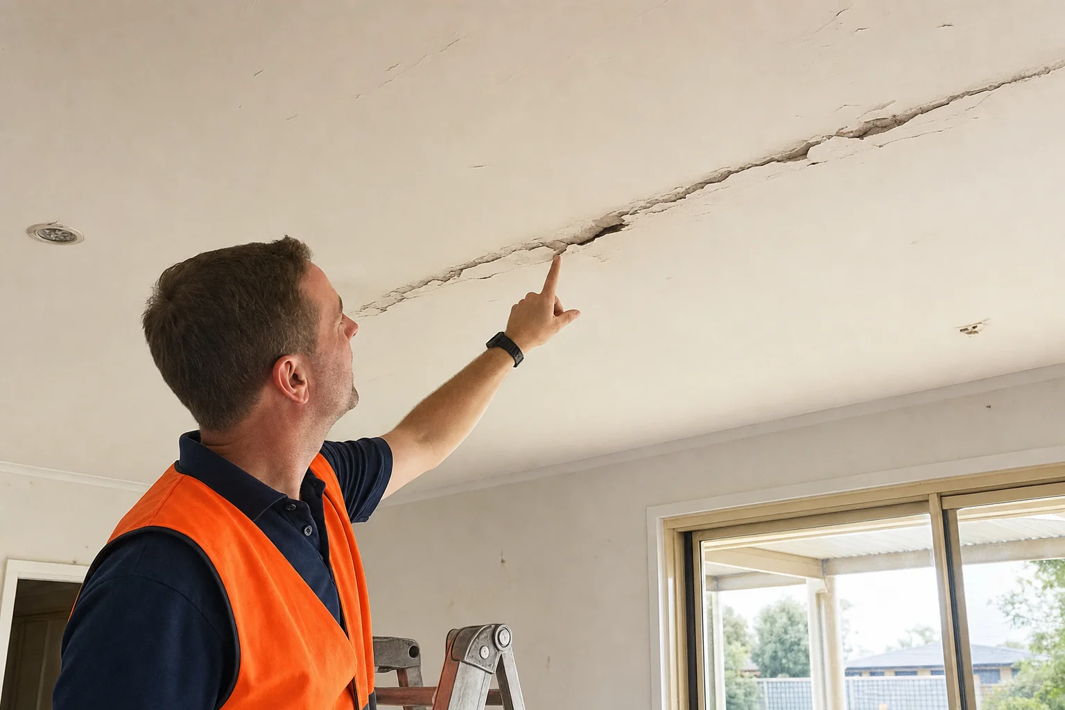Licensed Perth ceiling specialist on a ladder inspecting a residential ceiling