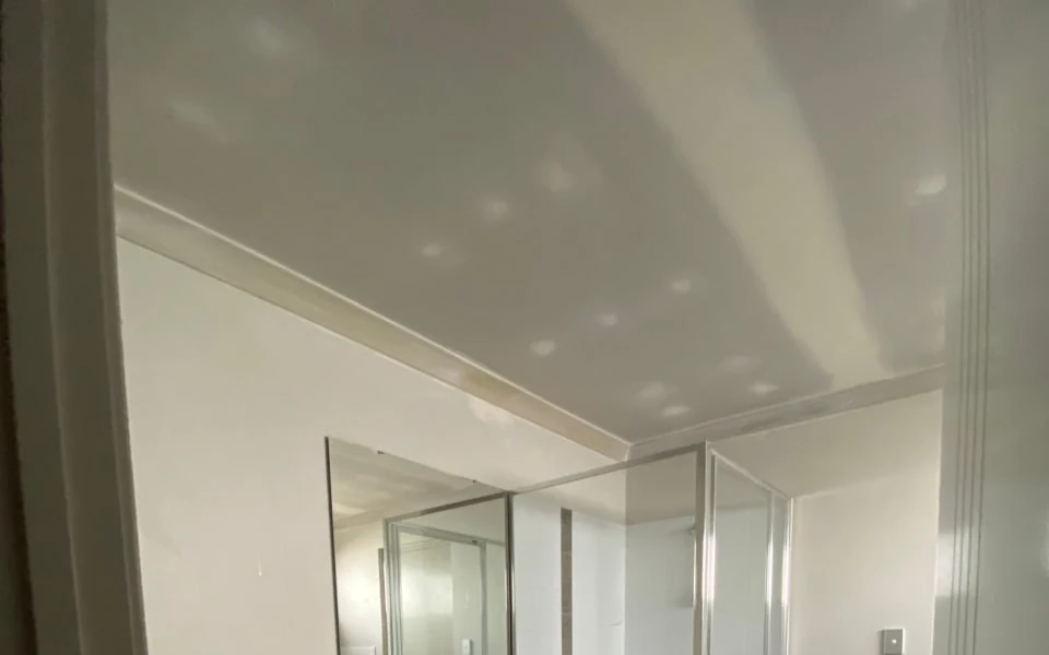 New Gyprock ceiling set and cornice fitted in a Perth bathroom, moisture resistant sheet