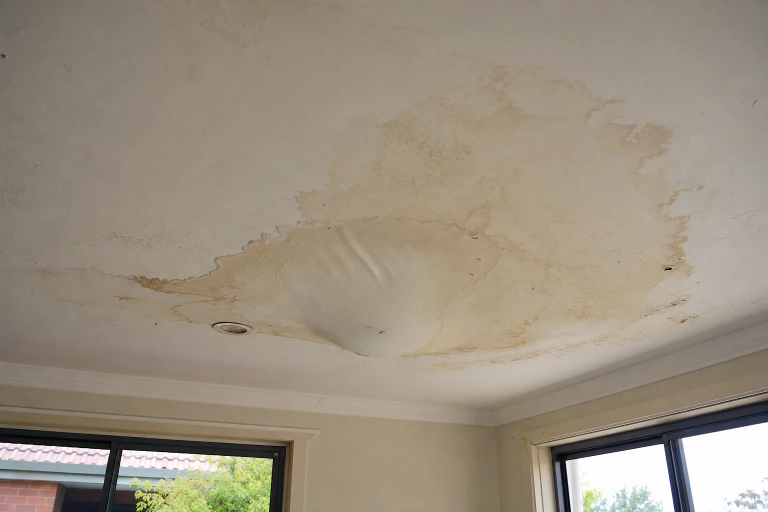 Water-damaged sagging ceiling in a Perth home showing signs that require replacement not repair